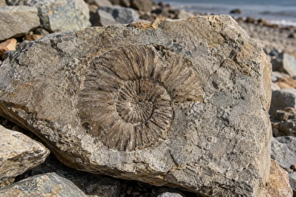 Un'ammonite fossile intatta sulla superficie esposta di una roccia di spiaggia.