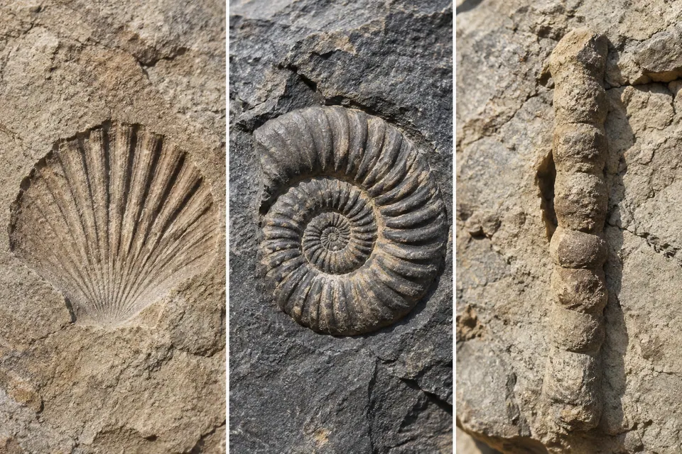 L'impronta di una conchiglia accanto a un'ammonite con costole in rilievo e simmetria evidente.