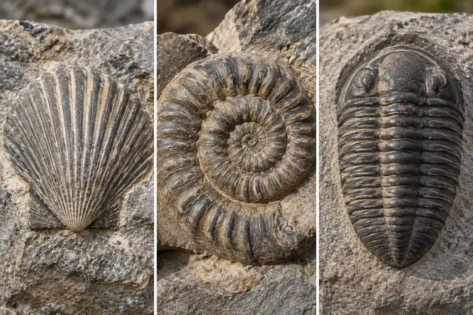 Una conchiglia con costole, un'ammonite arrotolata e fossili di trilobite segmentati.