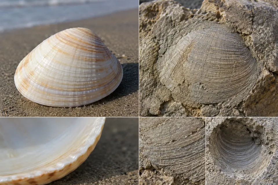 Una conchiglia fossile conservata nella roccia accanto a una conchiglia recente dall'interno madreperlaceo.