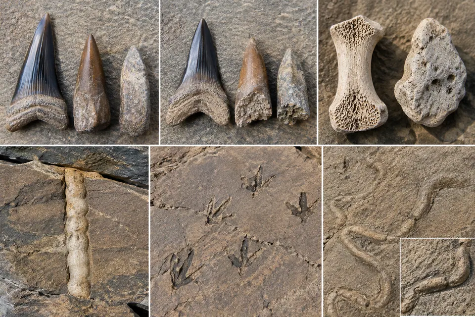 Denti fossili, osso poroso, pietre appuntite e tracce messi a confronto nei dettagli.