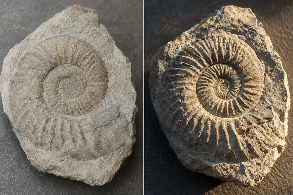 Il rilievo di un'ammonite illuminato dalla luce piatta e poi da una luce laterale più intensa.