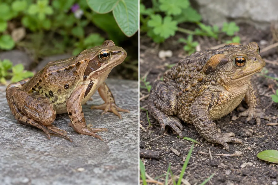 Una rana bruna su una pietra del giardino accanto a un rospo bitorzoluto sulla terra.