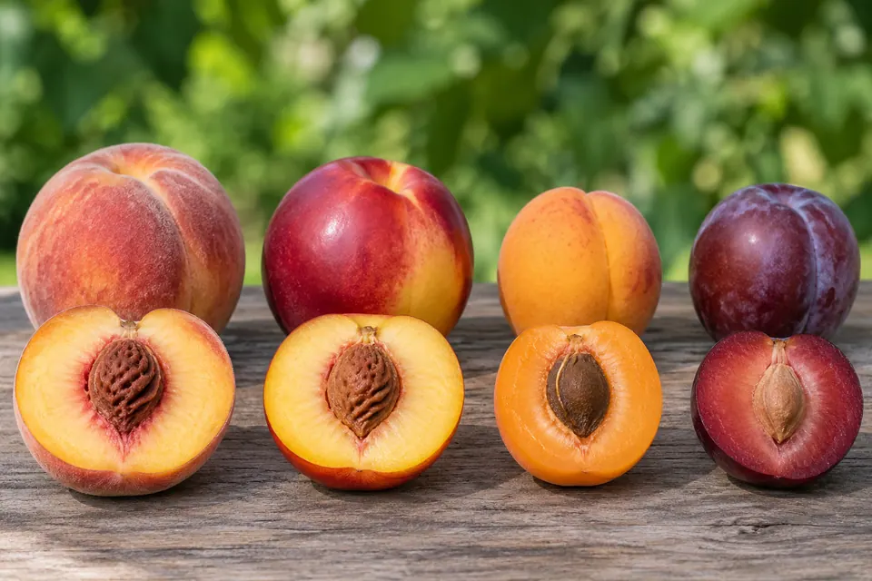 Pêche, nectarine, abricot et prune entiers et coupés, montrant la peau, la suture et le noyau.