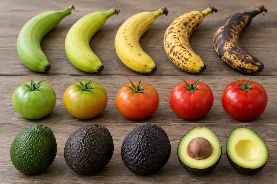 Bananes, tomates et avocats à différents stades de maturité, avec des couleurs de peau qui changent.