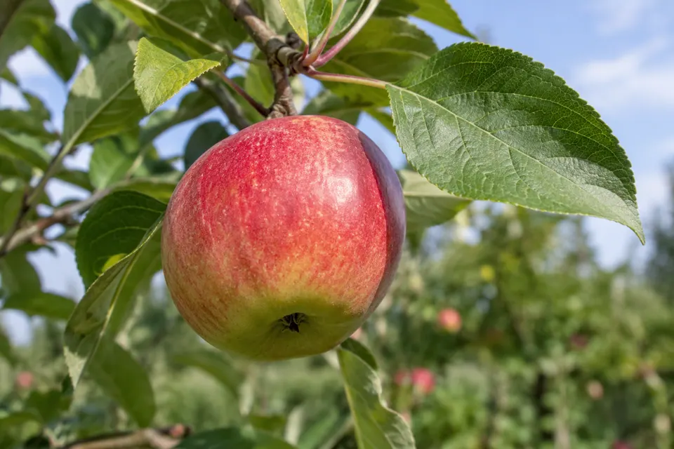 Une seule pomme cadrée avec sa courte queue, son attache à la branche et une feuille bien visible.