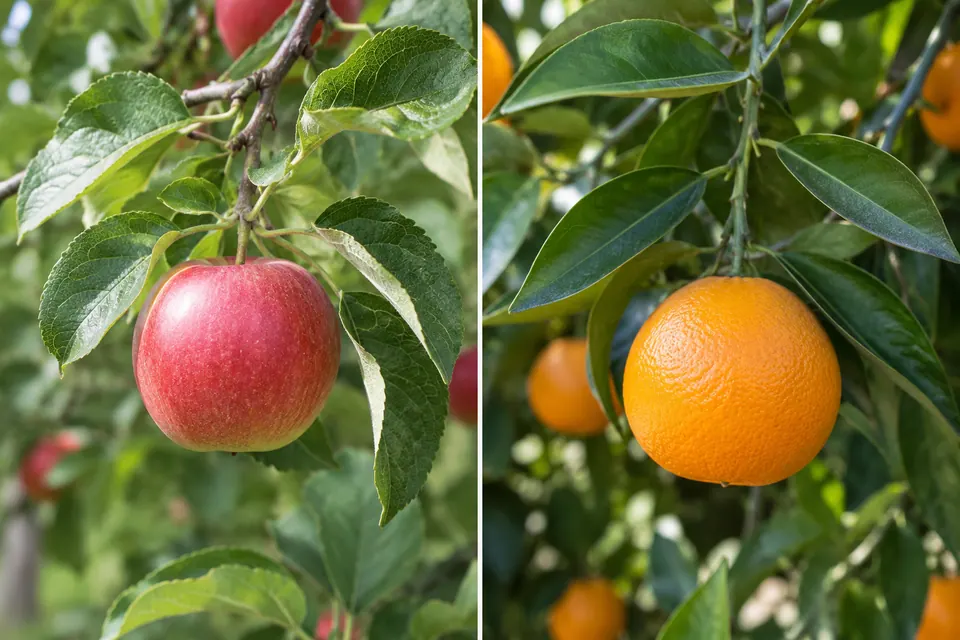 Pomme et orange encore accrochées aux branches, avec leurs feuilles bien visibles.