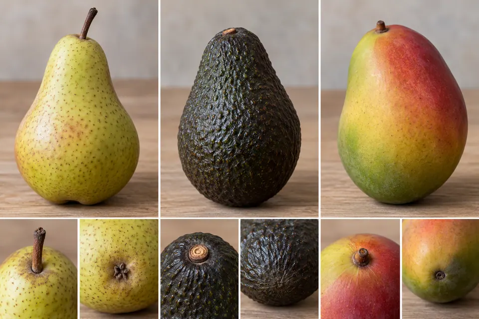 Poire, avocat et mangue aux contours proches, mais aux peaux et aux extrémités différentes.