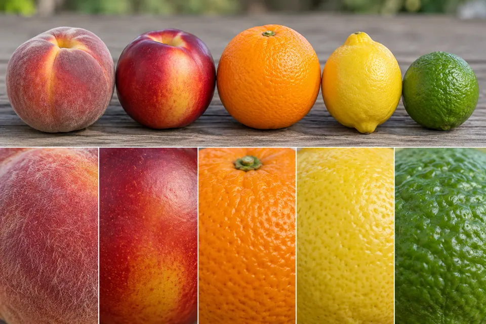 Pêche duveteuse, nectarine lisse et agrumes montrés de près pour leurs textures de peau différentes.