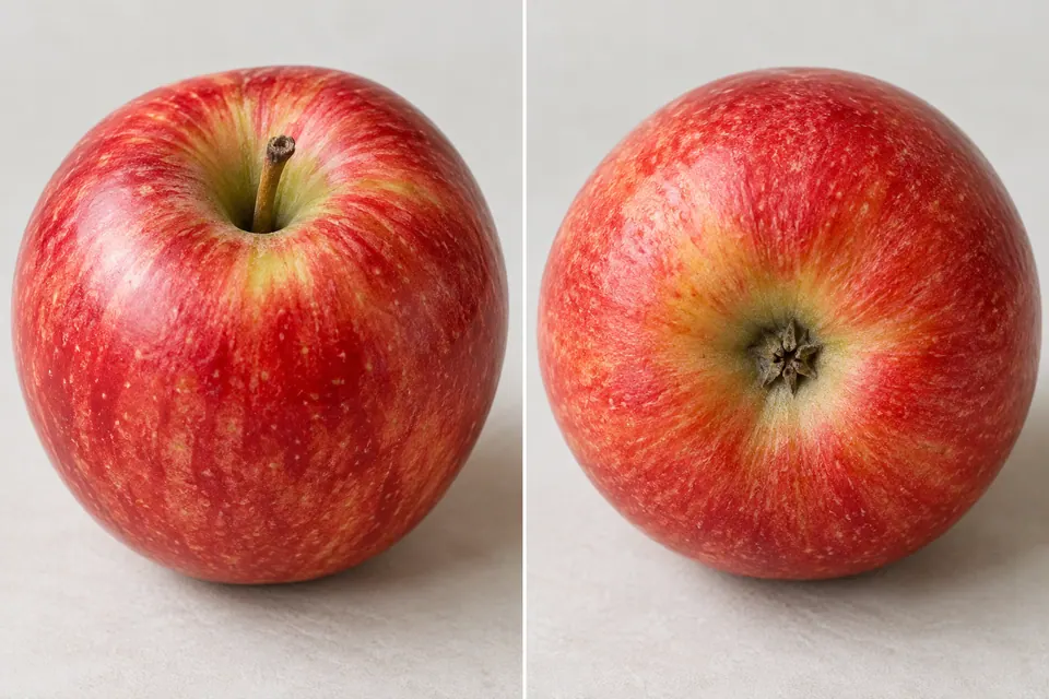 Gros plans sur la queue d’une pomme dans sa cavité et sur les restes séchés de la fleur à l’œil.