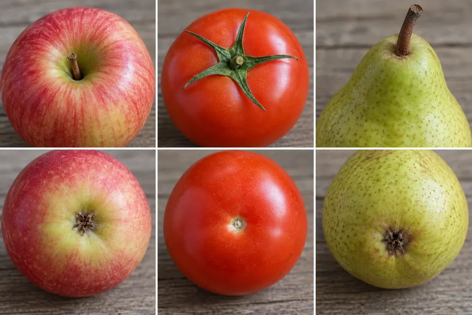 Queues et œils d’une pomme, d’une tomate et d’une poire présentés côte à côte.