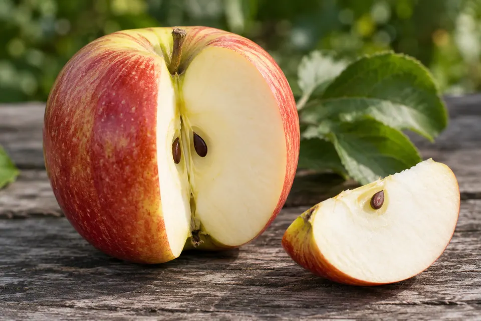 Pomme coupée et quartier séparé montrant ensemble la peau rayée, la chair pâle, le cœur et les pépins.