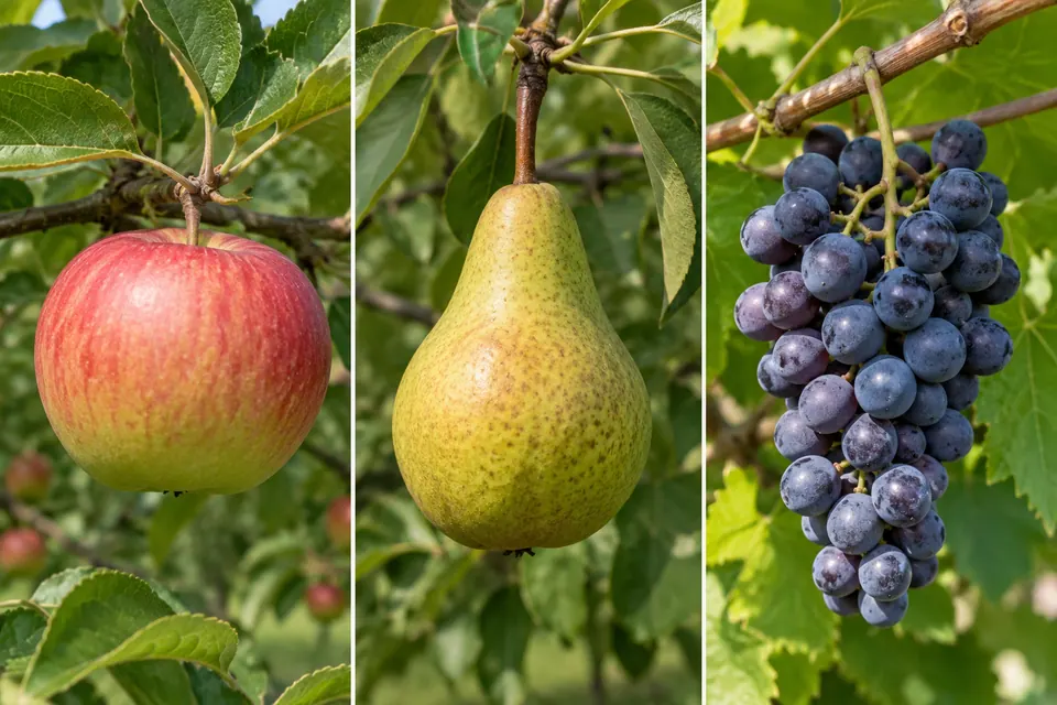 Pomme et poire accrochées isolément aux branches, à côté d’une grappe de raisin qui pend.