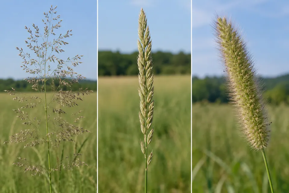 Infiorescenze di graminacee che formano una pannocchia aperta, una spiga sottile e una spazzola setolosa.