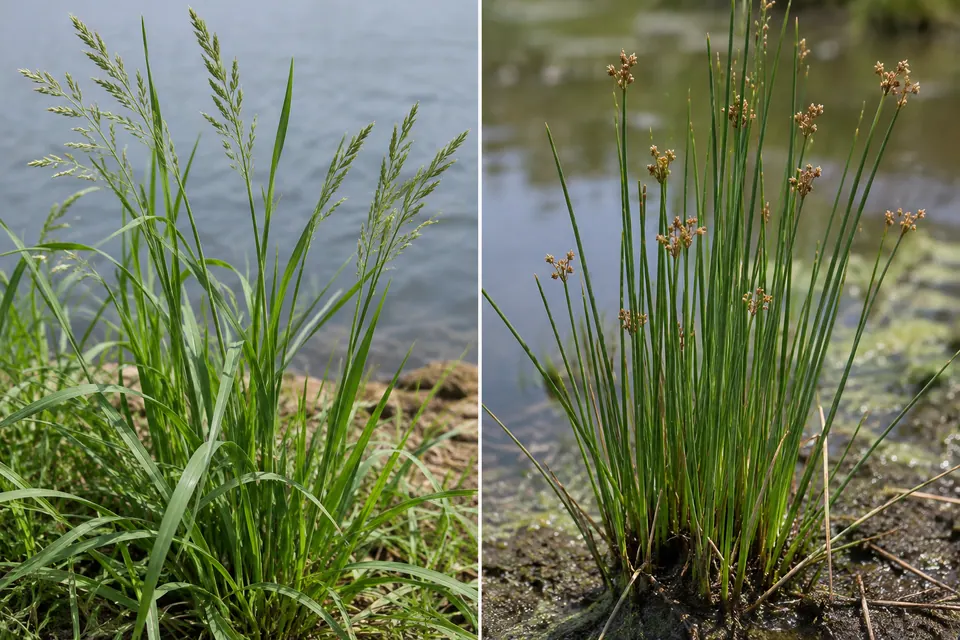 Una graminacea frondosa accanto a un giunco dagli steli lisci e tondi, con grappoli di fiori bruni.