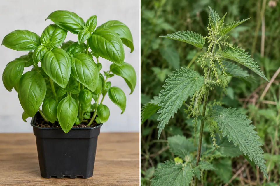 Vaso di basilico su un tavolo accanto a una pianta selvatica sconosciuta con foglie dentellate all'aperto