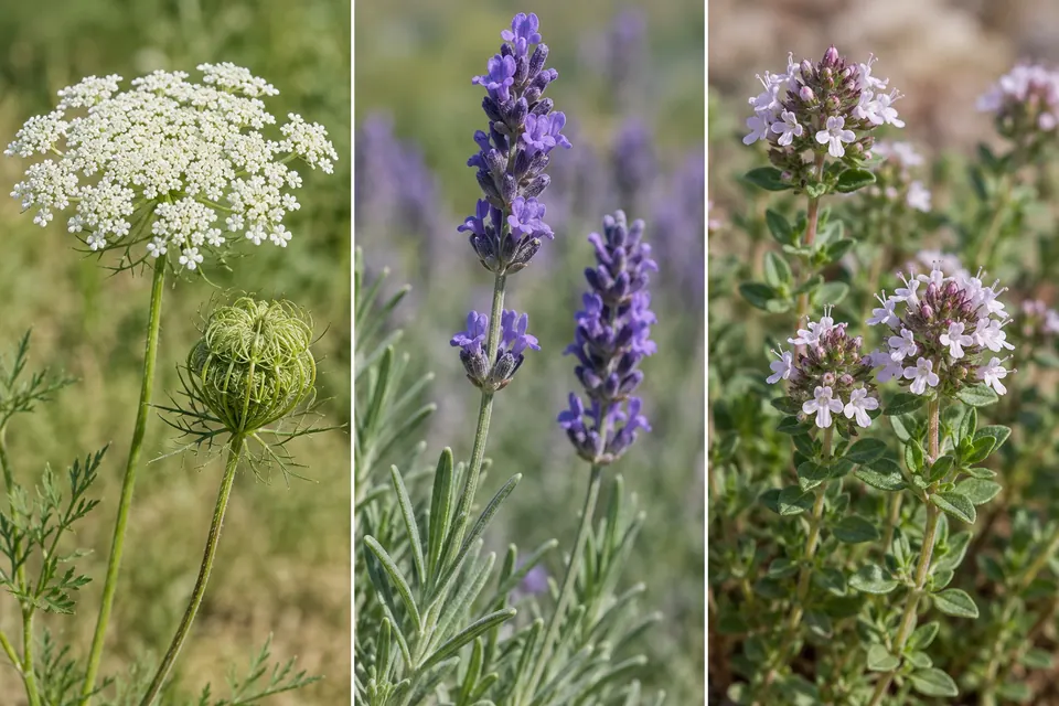 Piccole infiorescenze bianche a ombrella, spighe viola di lavanda e fiori chiari di timo ancora attaccati alle piante
