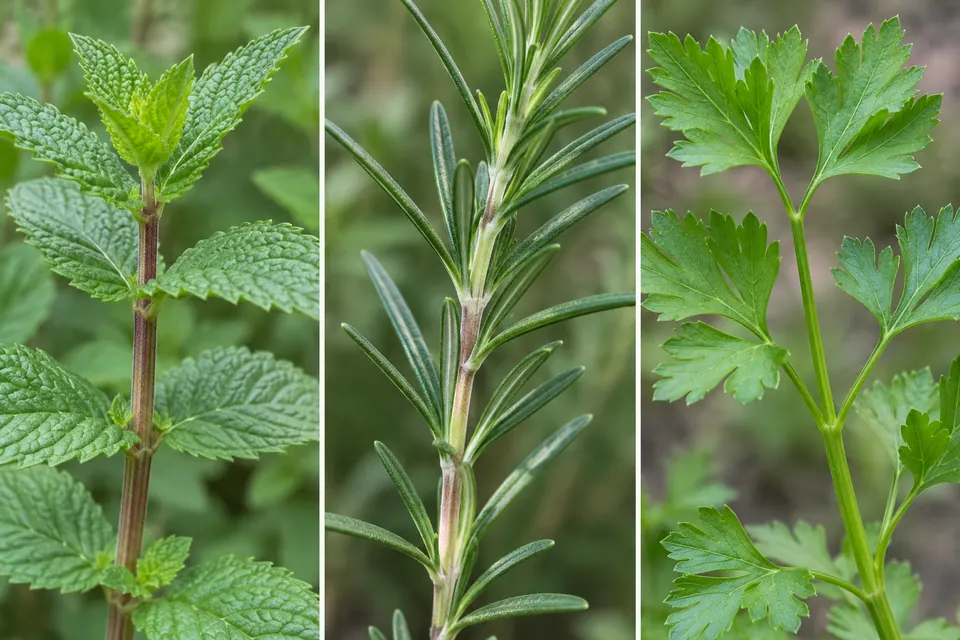 Coppie opposte di foglie di menta, foglie strette di rosmarino e foglie di prezzemolo divise, tutte attaccate ai rispettivi fusti