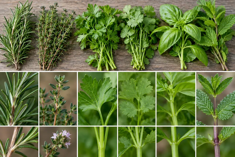 Rametti di rosmarino, timo, prezzemolo, coriandolo, basilico e menta con primi piani di foglie e nodi del fusto