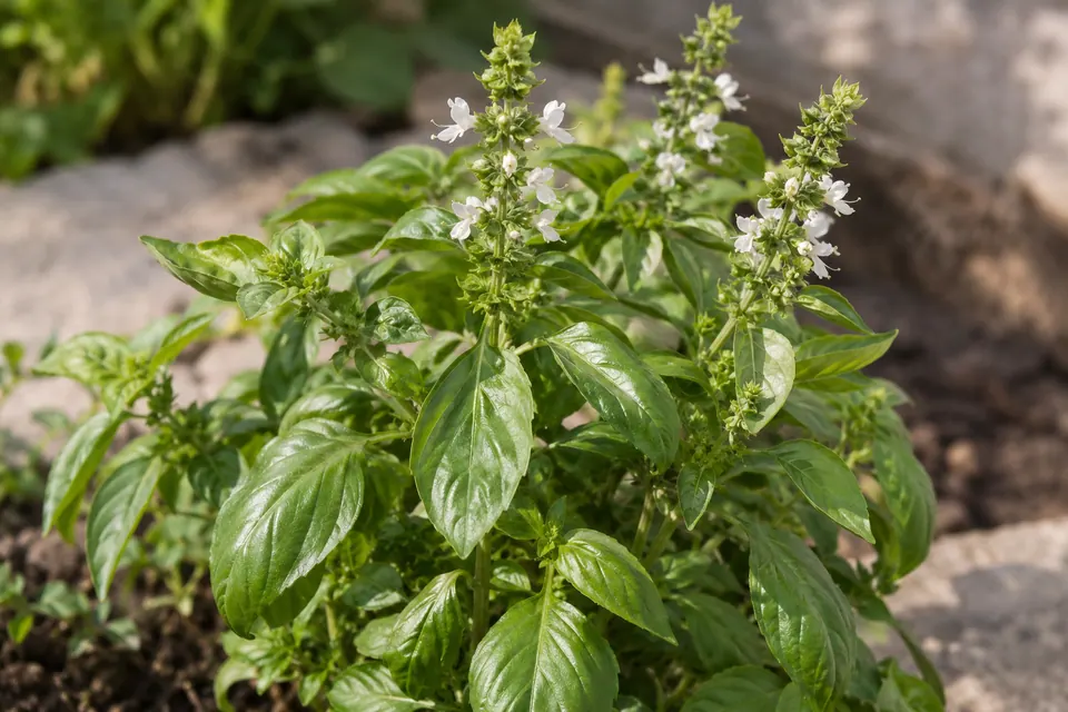 Basilico in fiore con piccoli fiori bianchi su spighe erette e foglie visibili nella stessa inquadratura