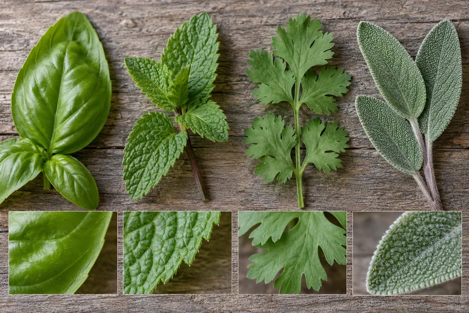 Foglie di basilico e menta, fogliame di erbe diviso e foglie di salvia pelose con dettagli ravvicinati di bordi e superfici