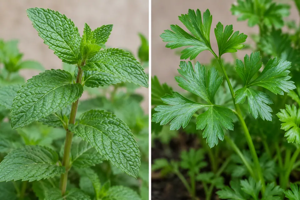 Fusto di menta con foglie dentellate a coppie accanto a steli di prezzemolo con foglie profondamente divise