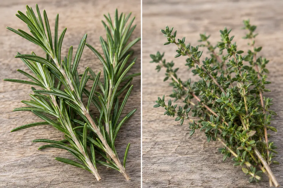 Lunghe foglie di rosmarino simili ad aghi a confronto con foglie molto più piccole su rametti ramificati di timo