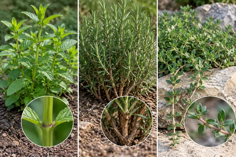 Fusti verdi di menta, basi legnose di rosmarino e timo basso e ricadente con dettagli ingranditi dei fusti