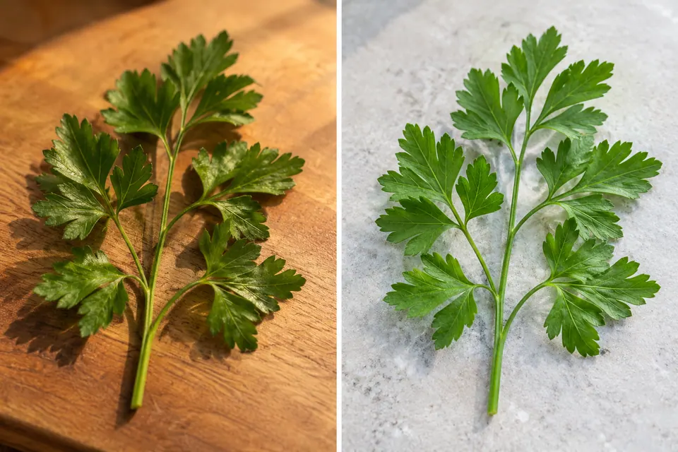 Rametto di prezzemolo piatto fotografato con luce naturale fresca e con luce calda di casa per confrontare i dettagli delle foglie