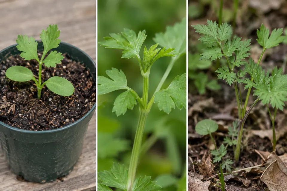 Piantina in vaso con foglie seminali semplici e nuove foglie divise, accanto a fogliame diviso all'aperto