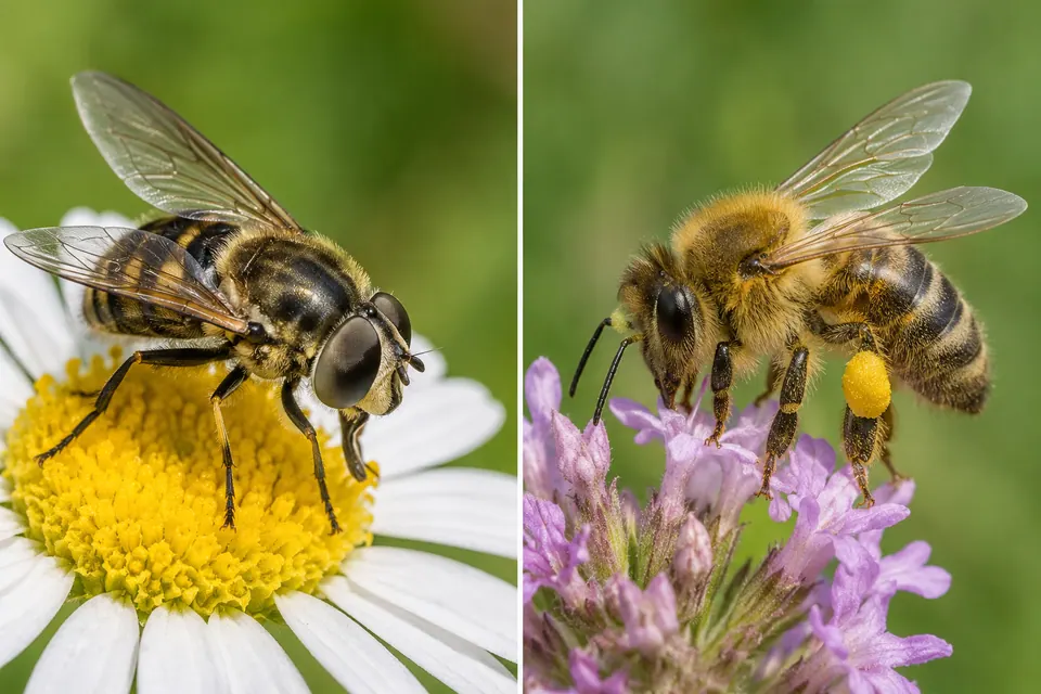 Mosca dagli occhi grandi su una margherita accanto a un'ape pelosa che trasporta polline giallo