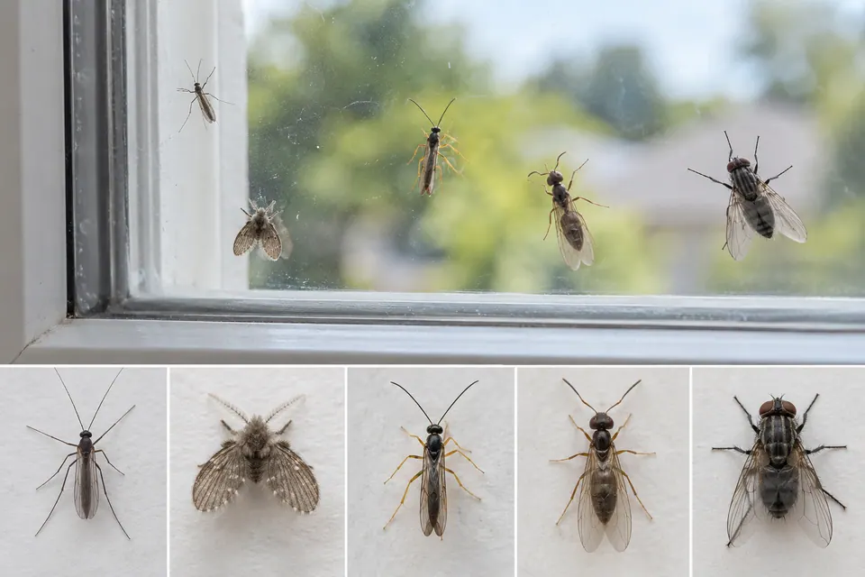 Piccoli insetti alati intorno a una finestra con viste ingrandite delle loro forme diverse