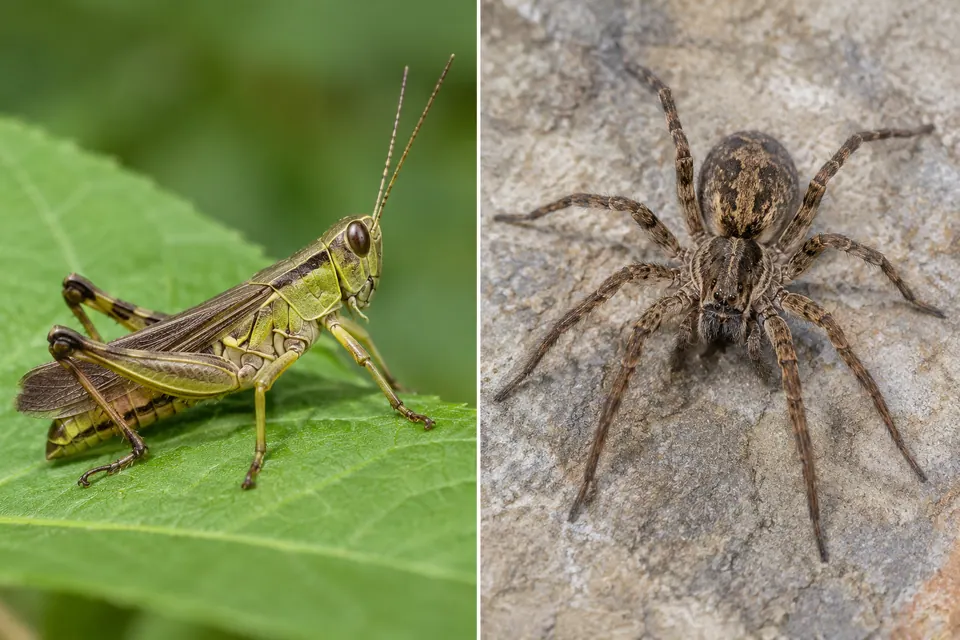 Cavalletta con sei zampe e antenne accanto a un ragno con otto zampe