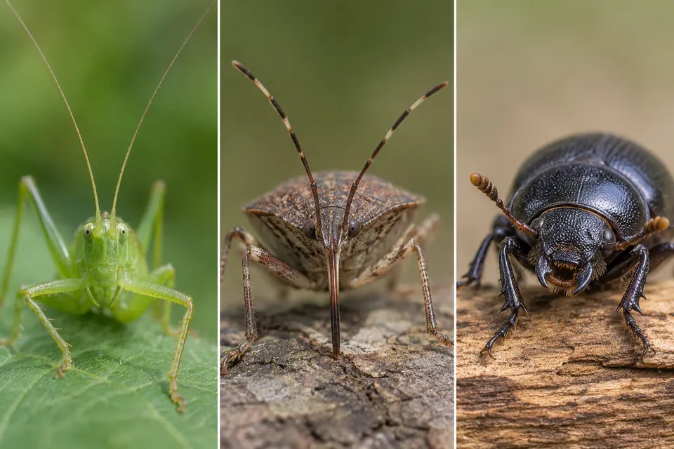 Primi piani delle lunghe antenne di una tettigonia, dell'apparato boccale appuntito di una cimice e del capo di un coleottero