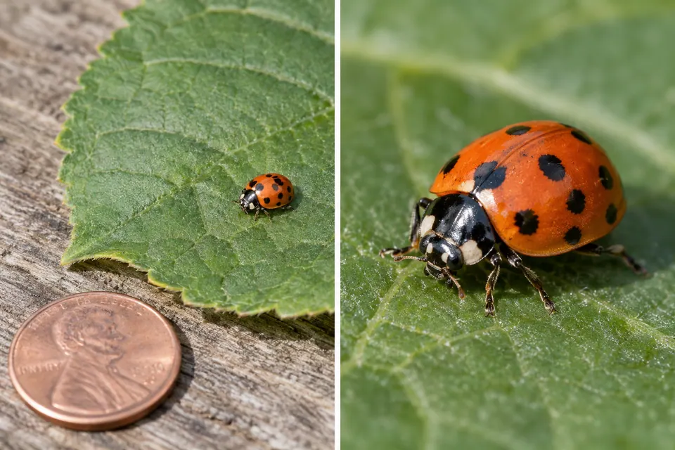 Piccola coccinella su una foglia accanto a una moneta, con un primo piano che mostra i dettagli del corpo