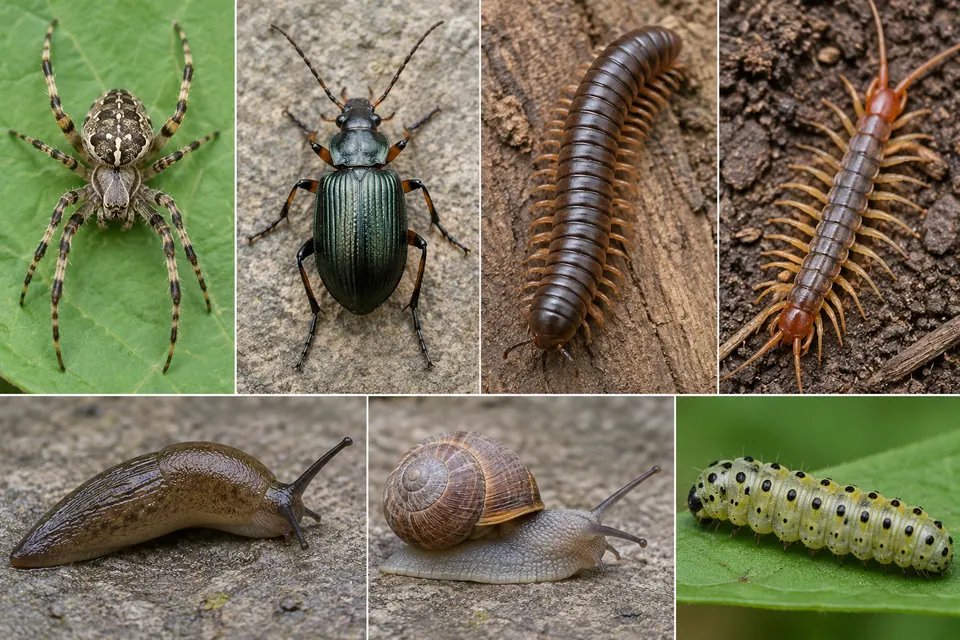 Collage opposant les régions du corps d’une araignée et d’un coléoptère, les anneaux répétés d’un iule et les corps mous d’une limace et d’un escargot.