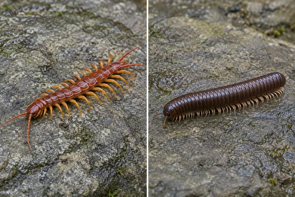 Deux panneaux comparent un mille-pattes aplati et rougeâtre, aux longues pattes tendues sur les côtés, à un iule cylindrique et sombre aux nombreuses pattes courtes dessous.