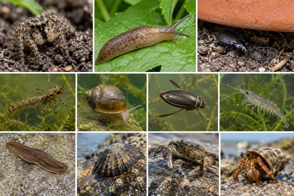 Un collage d’habitats montre une araignée, une limace et un coléoptère sur la terre ferme, des insectes aquatiques, un escargot et une crevette dans l’eau, et des coquillages et des crabes sur les rochers du rivage.