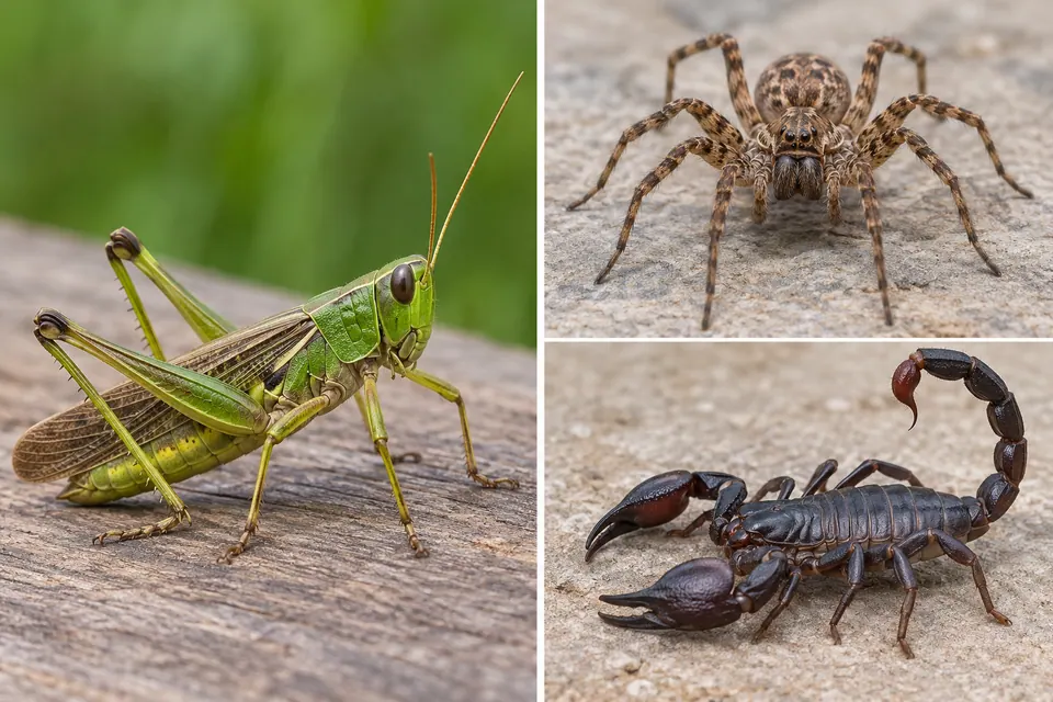 Une sauterelle aux antennes et six pattes apparaît à côté de vues séparées d’une araignée et d’un scorpion, qui ont huit pattes.