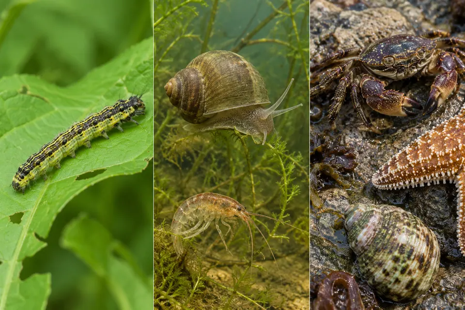 Trois panneaux d’habitat montrent une chenille sur une feuille, un escargot et un petit crustacé parmi les plantes d’une mare, et des animaux du rivage sur des rochers mouillés.