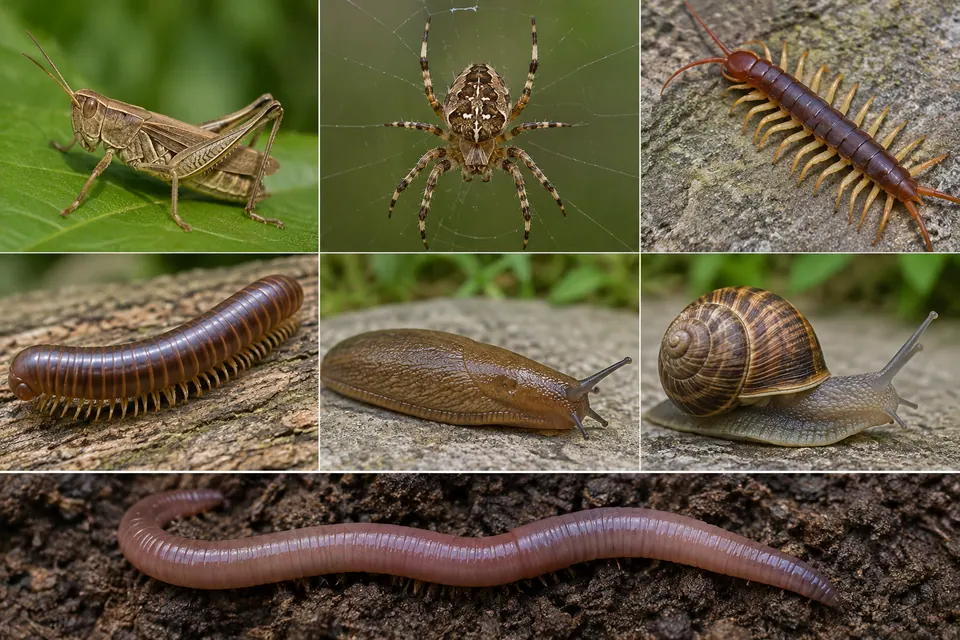 Plusieurs panneaux comparent les pattes d’un mille-pattes, d’une sauterelle, d’une araignée, d’un iule et d’une chenille à celles d’une limace sans pattes et d’un ver de terre.