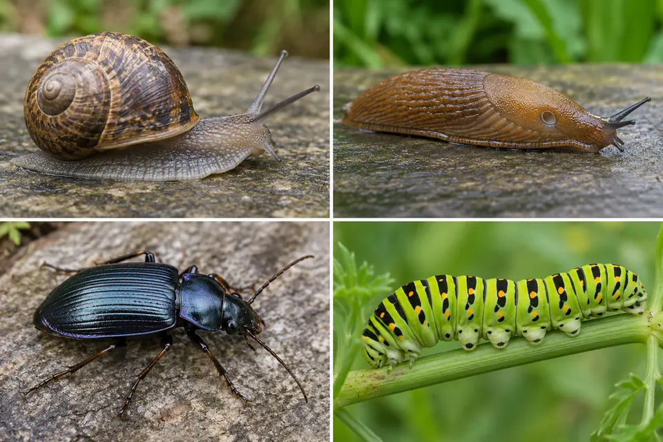 Quatre vues rapprochées montrent la coquille en spirale d’un escargot, les élytres durcis d’un coléoptère, le manteau d’une limace et le corps mou et segmenté d’une chenille.