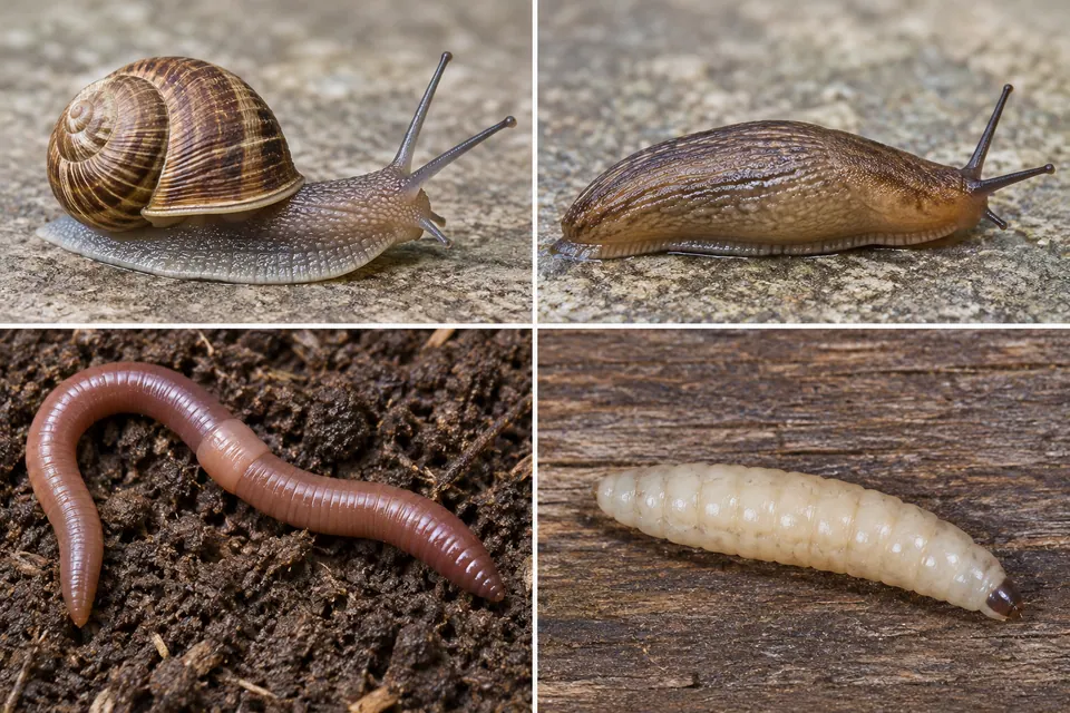 Un escargot et une limace aux tentacules sont montrés au-dessus d’un ver de terre aux anneaux répétés et d’une larve pâle et effilée.