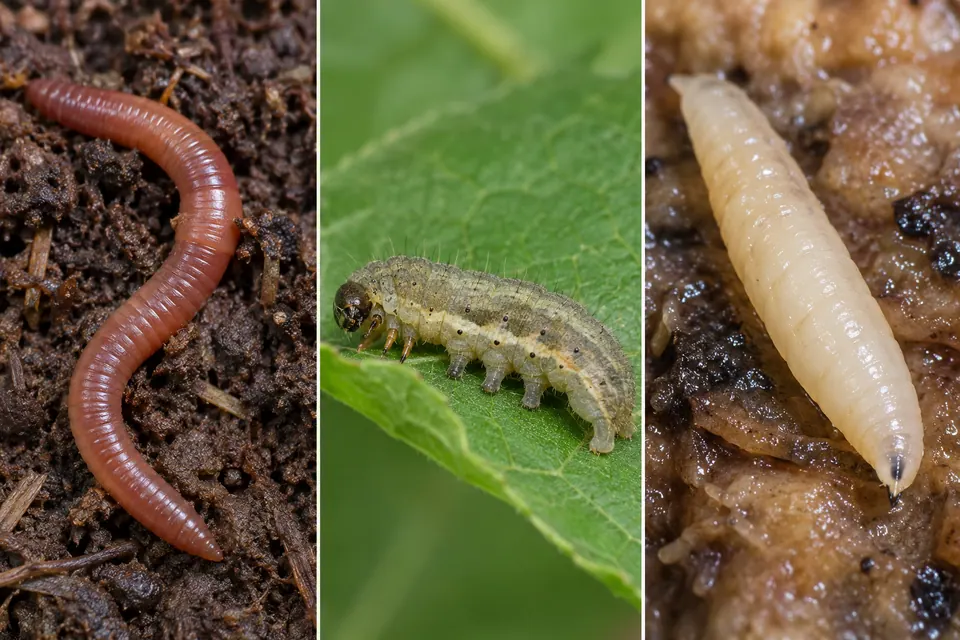 Trois vues rapprochées comparent un ver de terre annelé dans le sol, une chenille aux petites pattes sur une feuille et une larve pâle sans pattes sur de la matière organique humide.