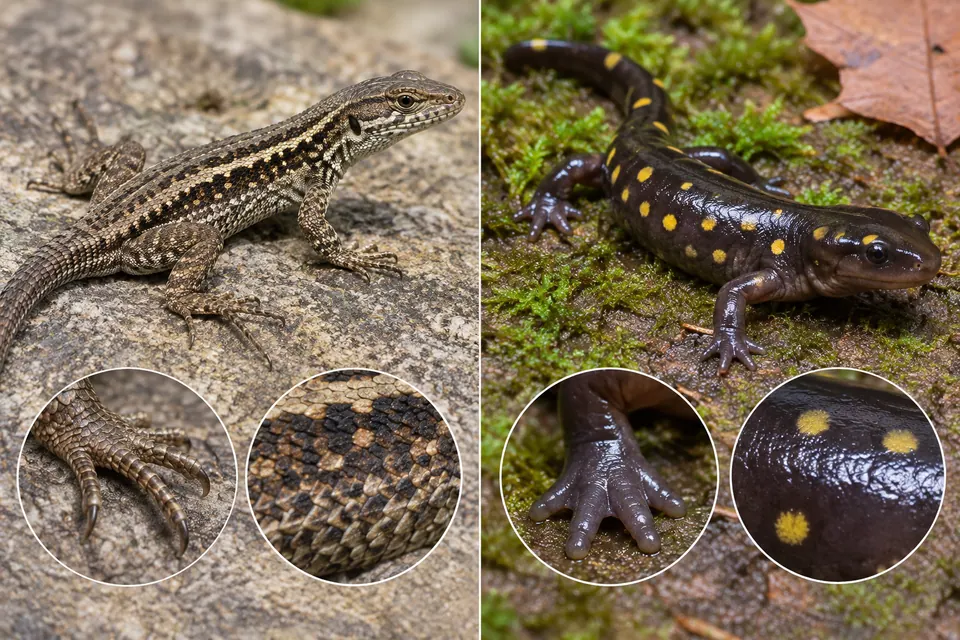 Lucertola squamosa accanto a una salamandra maculata, con dettagli della pelle e delle dita