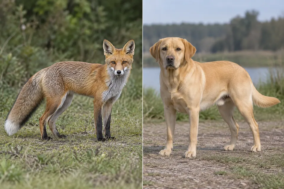 Vues complètes de profil : un renard élancé à la queue touffue, face à un chien doré et plus robuste aux oreilles pendantes.