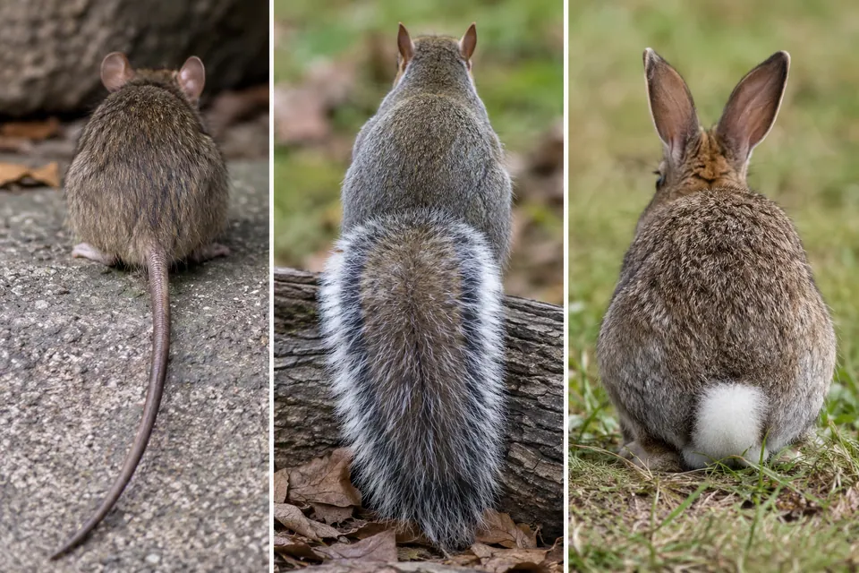 Un petit rongeur apparaît à côté de vues de la queue fine d'une souris, de la queue touffue d'un écureuil et de la courte queue blanche d'un lapin.