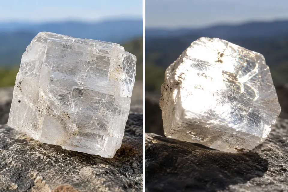 Uma visão nítida das faces planas escalonadas de um bloco translúcido é comparada a um ângulo em que o reflexo intenso encobre os detalhes da superfície.