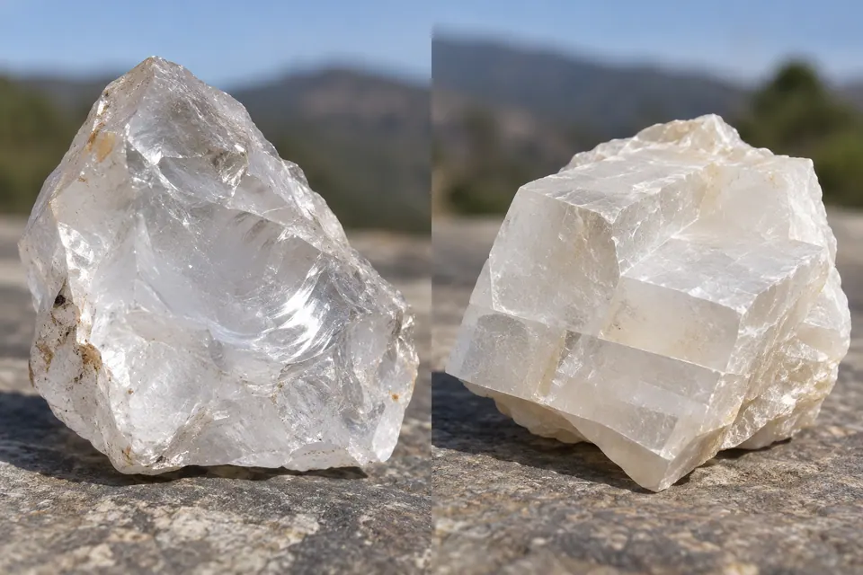 Duas amostras pálidas e translúcidas contrastam fraturas curvas e irregulares com faces planas amplas e repetidas.