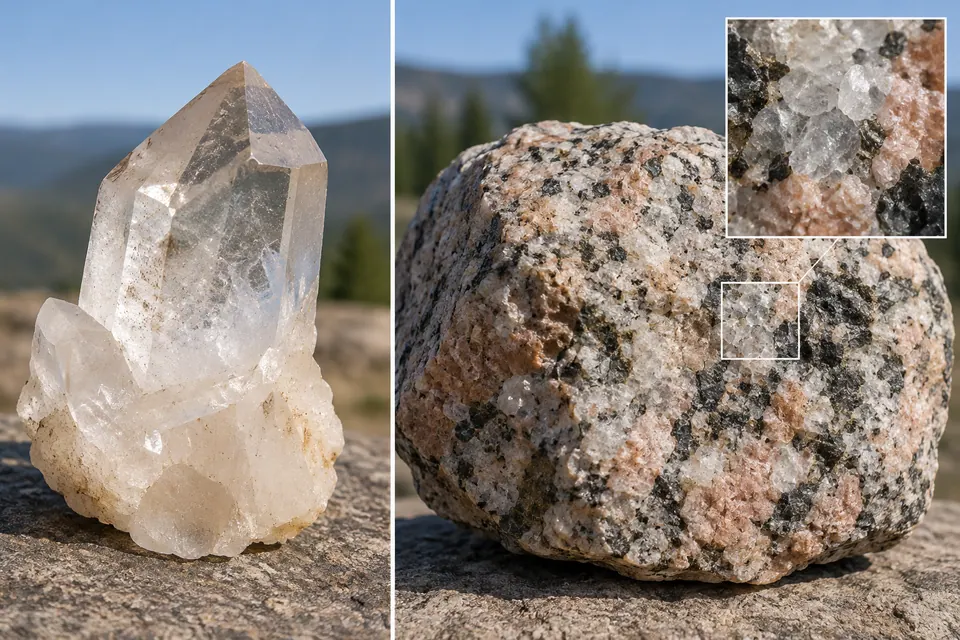 Um cristal transparente e pontiagudo aparece ao lado de uma rocha cinza com veios e de uma rocha grossa em rosa, branco e preto, com um detalhe ampliado dos grãos.